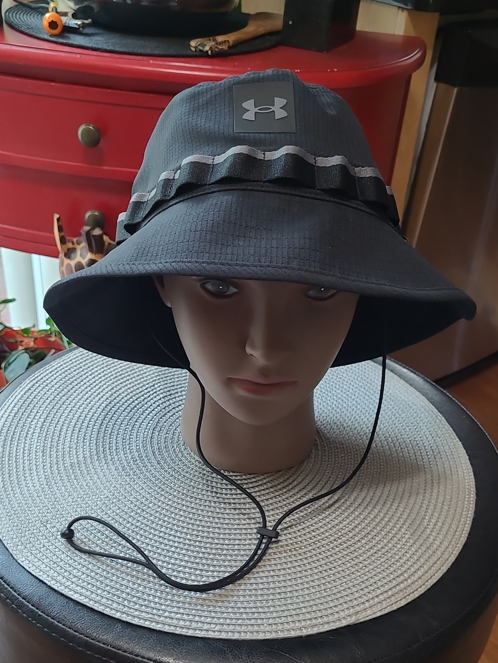 Under Armour Men Black Bucket Hat with Chin Cord and Logo Patch